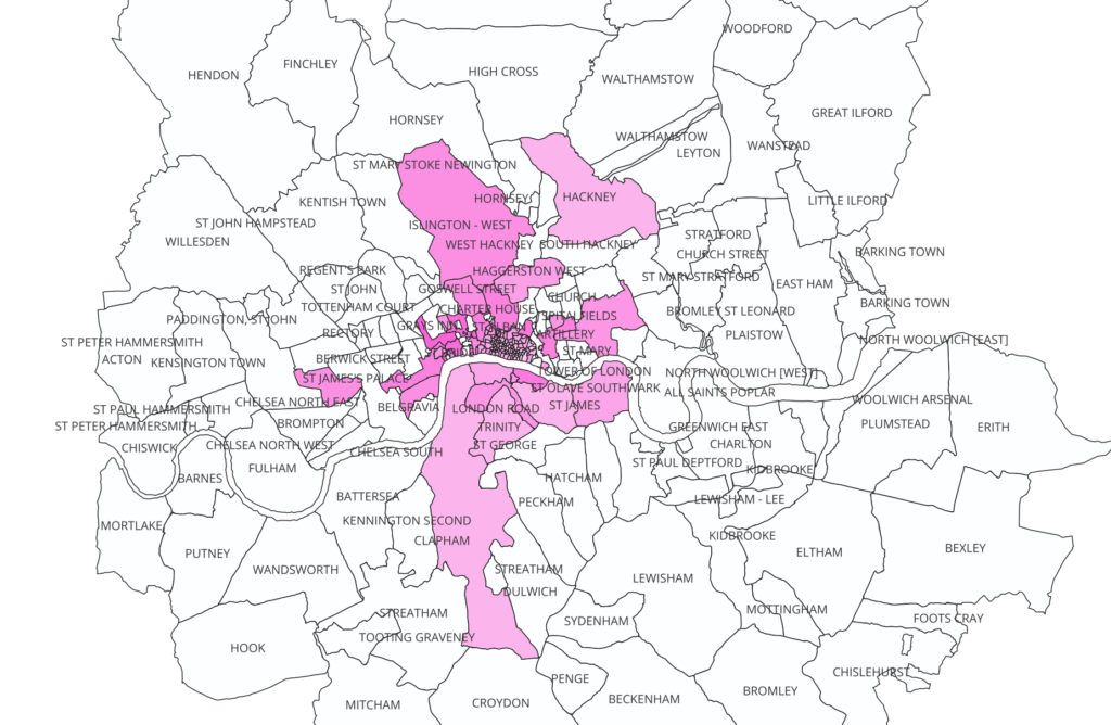 QGIS map of early modern london with parishes labeled and colored in accordance with when they contracted the plague. The colors used are different shades of pink